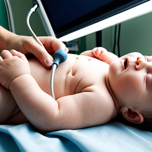 **Image Prompt:** A newborn baby lying down during a heart ultrasound examination in a Swedish hospital. A doctor or nurse is gently holding a probe on the baby's chest. Soft lighting, calm atmosphere. Include medical equipment in the background.