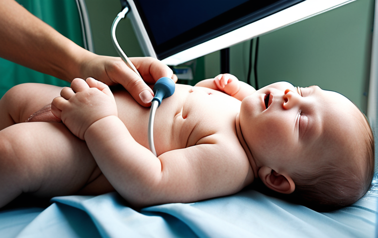 **Image Prompt:** A newborn baby lying down during a heart ultrasound examination in a Swedish hospital. A doctor or nurse is gently holding a probe on the baby's chest. Soft lighting, calm atmosphere. Include medical equipment in the background.