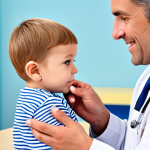 A caring parent in modest, professional attire, gently holding and examining the well-formed fingernails of their young child. The child is fully clothed in appropriate, family-friendly attire, in a natural pose. The setting is a bright, clean, and modern child health clinic (BVC-like environment), conveying a sense of professional care and reassurance. The image should focus on the tender interaction and attention to detail. safe for work, appropriate content, fully clothed, perfect anatomy, correct proportions, natural pose, well-formed hands, proper finger count, natural body proportions, professional photography, high quality.
