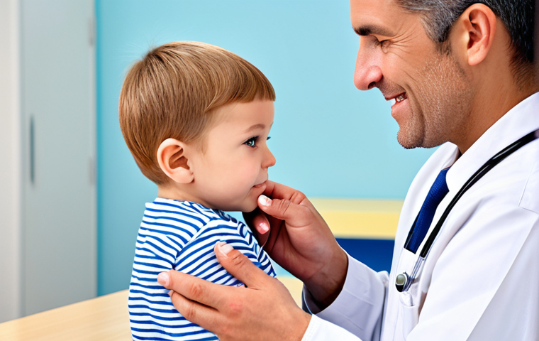 A caring parent in modest, professional attire, gently holding and examining the well-formed fingernails of their young child. The child is fully clothed in appropriate, family-friendly attire, in a natural pose. The setting is a bright, clean, and modern child health clinic (BVC-like environment), conveying a sense of professional care and reassurance. The image should focus on the tender interaction and attention to detail. safe for work, appropriate content, fully clothed, perfect anatomy, correct proportions, natural pose, well-formed hands, proper finger count, natural body proportions, professional photography, high quality.