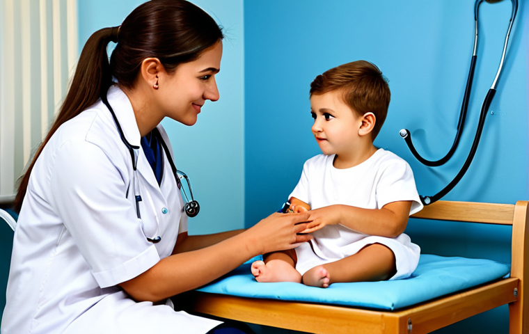 A gentle, fully clothed parent in modest attire, tenderly observing their young child, who is sitting calmly on their lap. The parent's expression conveys attentive care and a hint of concern. A softly lit, warm and inviting pediatric examination room or a cozy home living room, suggesting a safe and supportive atmosphere. Medical equipment (e.g., a stethoscope on a nearby table, not actively used) is subtly present in the background, hinting at medical observation. The child is dressed in comfortable, appropriate attire. Professional photography, perfect anatomy, correct proportions, natural pose, well-formed hands, proper finger count, natural body proportions, soft focus, high detail, realistic lighting. safe for work, appropriate content, fully clothed, family-friendly, modest clothing.