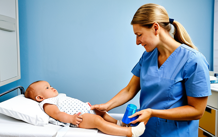 **
A caring BVC (Barnavårdscentralen - Swedish child healthcare center) nurse giving a vaccination to a baby, with the parent looking on reassuringly. The nurse is wearing appropriate medical attire, and the baby is fully clothed. The background shows a clean and bright BVC clinic room. Focus on a comforting and safe environment. Safe for work, appropriate content, fully clothed, family-friendly, professional, perfect anatomy, correct proportions, natural pose, well-formed hands, proper finger count, natural body proportions.
**