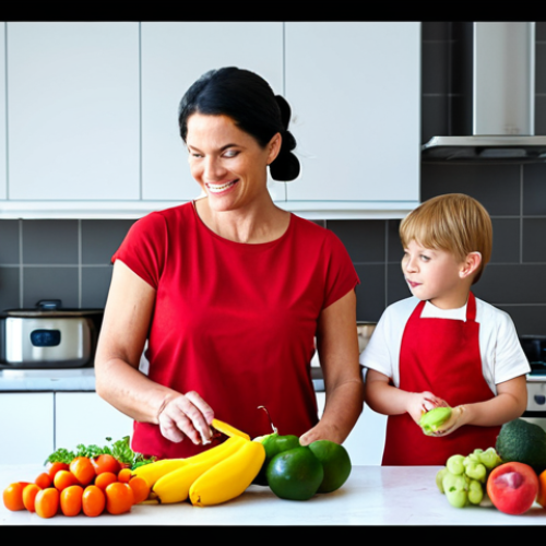 **

A brightly lit, family-friendly scene depicting a mother making a smoothie with her young children in a modern kitchen. Lots of colorful fruits and vegetables are visible. The mother is wearing a modest, comfortable outfit. All individuals have perfect anatomy and natural proportions. The image is safe for work, with appropriate content, and everyone is fully clothed. High-quality photography with a focus on vibrant colors.

**