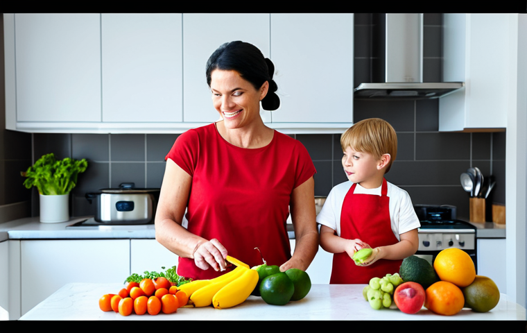 **
A brightly lit, family-friendly scene depicting a mother making a smoothie with her young children in a modern kitchen. Lots of colorful fruits and vegetables are visible. The mother is wearing a modest, comfortable outfit. All individuals have perfect anatomy and natural proportions. The image is safe for work, with appropriate content, and everyone is fully clothed. High-quality photography with a focus on vibrant colors.
**
